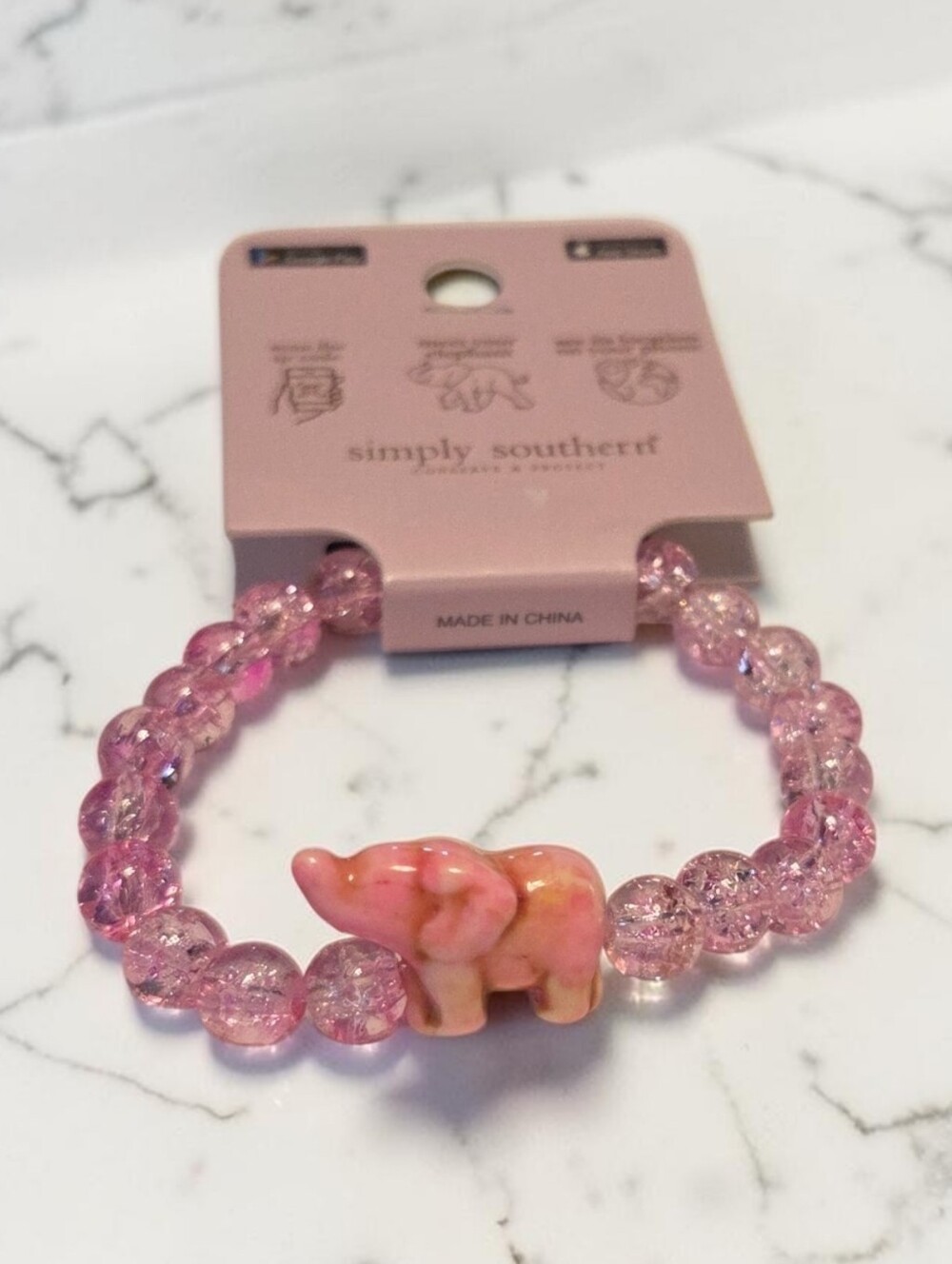 Simply Southern Light Pink Elephant Tracker Bracelet, w/Pink/Cream Elephant, NWT